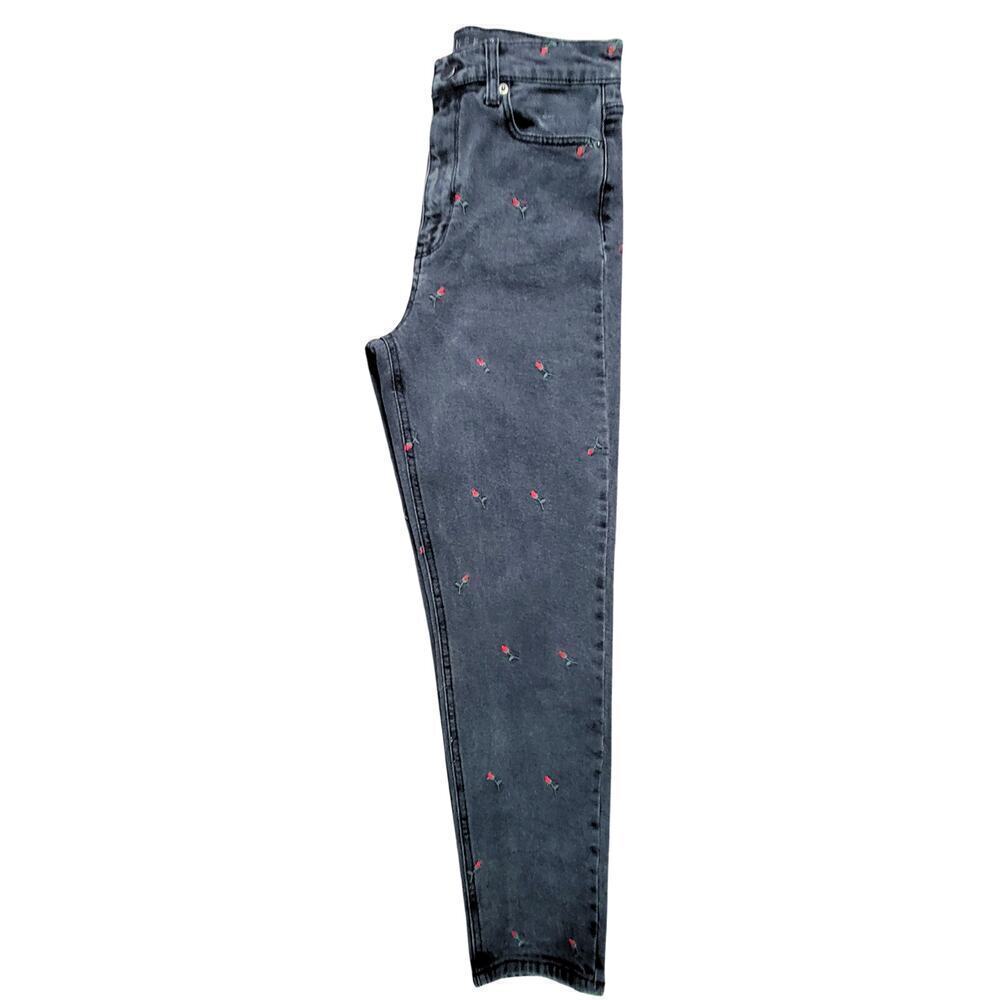 TINSEL DENIM COUTURE Dark Grey Washed Rose Embroidered Jeans Womens 27 Retro - Picture 10 of 14